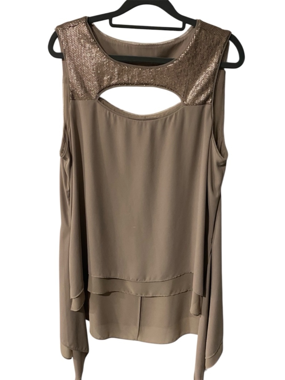BCBGMaxAzria Taupe Sequin Yoke Keyhole Sleeveless Top